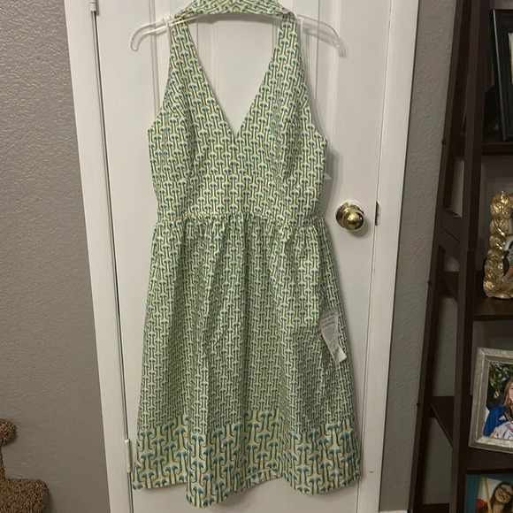 Liz Claiborne Women’s 14 Blue Green Halter Summer Fit Flare 70’s Print NWT Dress - Picture 1 of 8